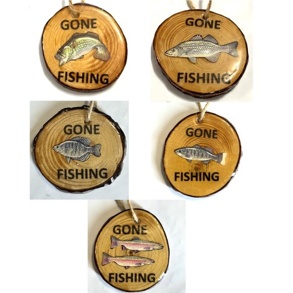 "Gone Fishing" 5 Rustic Wooden Pendant - HAND CRAFTED IN USA, NEW - Picture 1 of 15